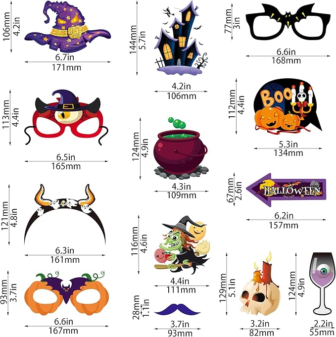 30 Pcs Halloween Photo Booth Props,Pumpkin Ghost Skull Mask Witch Hat Party Decoration Supplies,Halloween Selfie Dress-up Props Decoration