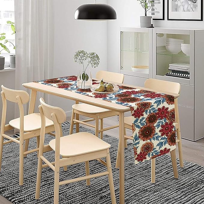 Mandala Flower Table Runner, Vintage Oriental Exotic Native Red Floral Blue Branch Leaves Botanical Print Table Runner for Farmhouse Kitchen Dining Table Decor, 13x108inch