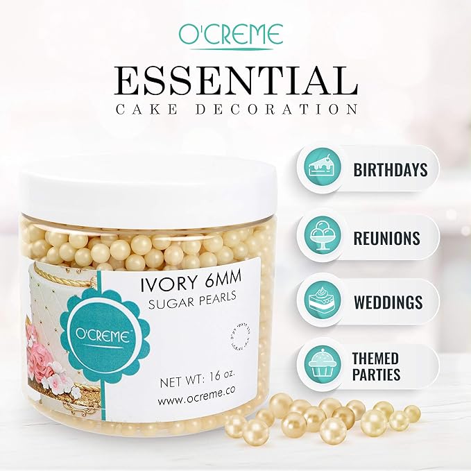 O'Creme Ivory Edible Sugar Pearls Cake Decorating Supplies for Bakers: Cookie, Cupcake & Icing Toppings, Beads Sprinkles For Baking, Certified, Candy Sugar Ball Accents (4mm, 32 Oz)