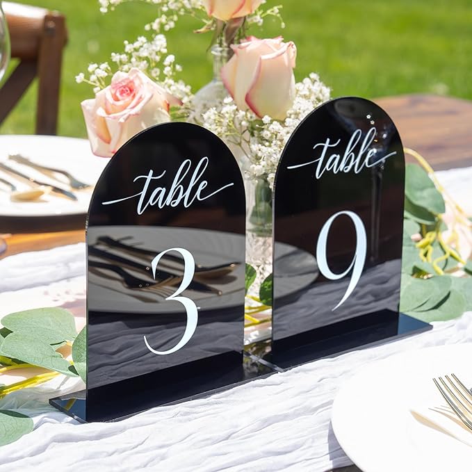 Black Arch Acrylic Table Numbers for Wedding Reception - 5" x 7" White Font Centerpiece Set with Holder Stands & Head Table Sign - Anniversary, Event, Party, Wedding Set 1-15