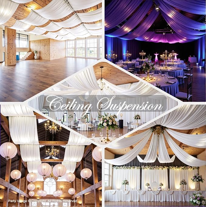 PartyVillage 12 Panels 5ftx30ft White Ceiling Drapes for Wedding Parties – 30 FT Extra Long Thick Polyester Wrinkle-Free Drapery Tent Decor Decorations for Birthday Party Ceremony Stage Swag