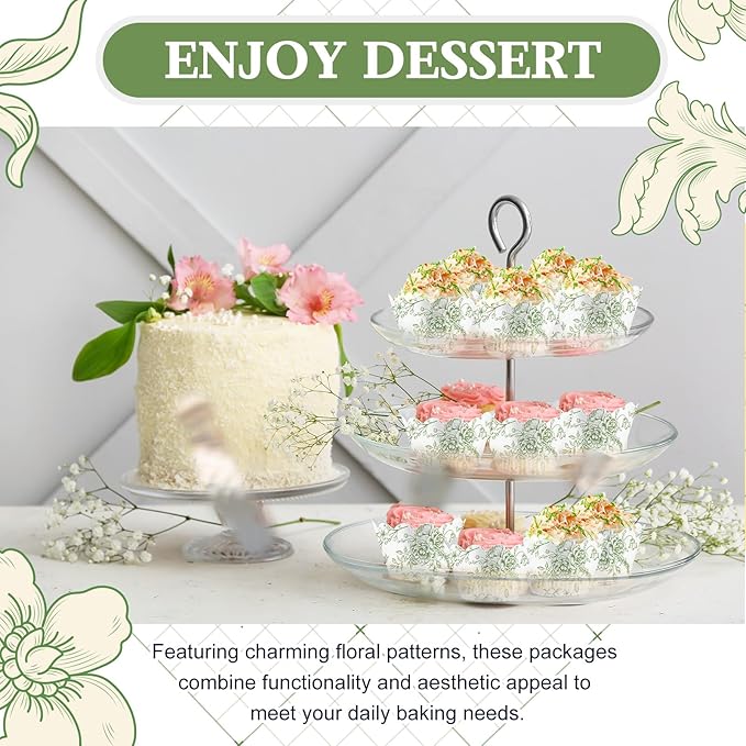 Domensi 100 Pcs Cupcake Wrappers Rustic Cupcake Liners Baking Cups Baking Liners for Wedding Bridal Baby Shower Birthday Party Supplies Dessert Decoration(Green, Floral)