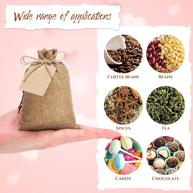 Woanger 100 Pcs Burlap Gift Bags with 100 Pcs Kraft Paper Gift Tags with Drawstring Favor Bulk Burlap Sack Bags for DIY Wedding Party Craft(4 x 6 Inch,Dark Brown)