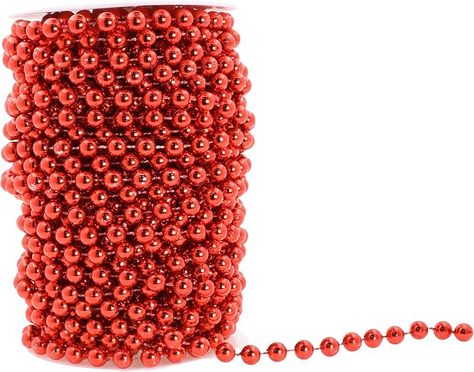 Mandala Crafts 8mm Faux Red Pearl Beads Roll - 20 Yards Strand of Fake Pearls Chain Garlands Spool String for Christmas Tree, Wedding, Party, Vases, DIY Decoration