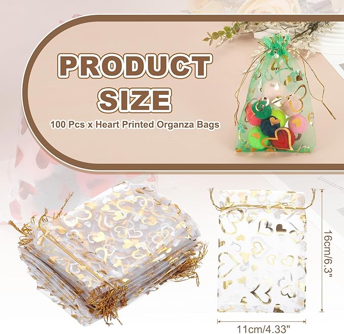 PATIKIL 100 Pcs 4x6 Inch Heart Printed Organza Bags, Gold Silver Sheer Heart Organza Bags with Drawstring for Christmas Candy Jewelry Party Wedding Favor Gift