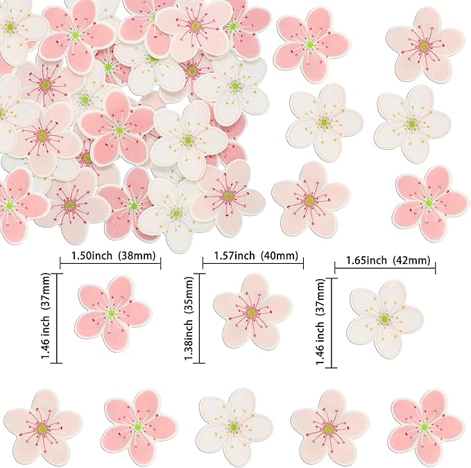 Ephlyn 54Pcs Edible Cherry Blossom Cake Decoration Spring Flowers Cupcake Toppers Wafer Paper Flowers Cake Decoration Wedding Birthday Baby Shower Party Supplies White Pink