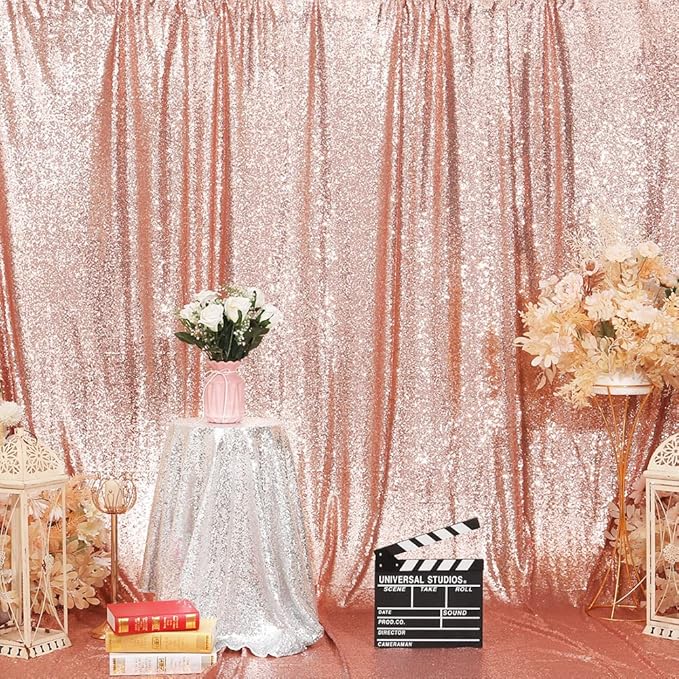 Eternal Beauty Sequin Backdrop Curtain, 7FT x 7FT Rose Gold Background for Valentine's Day Wedding Party Decor