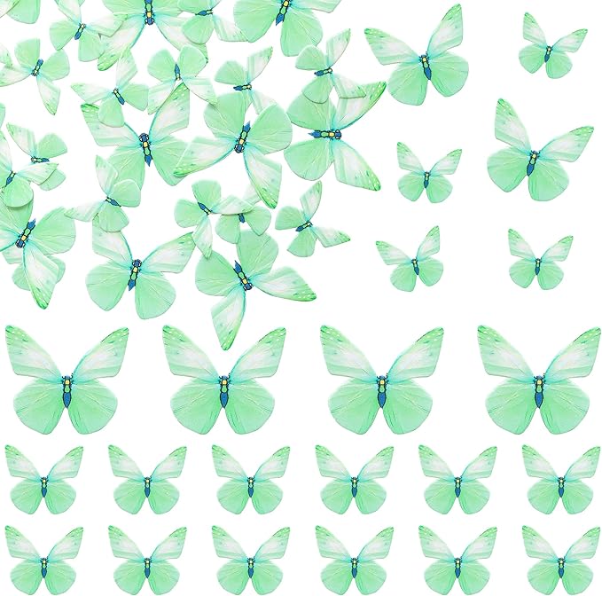 Ephlyn 72Pcs Wafer Paper Butterflies Cupcake Toppers, Edible Butterfly Cake Decorations, Butterfly Theme Birthday Party Decorations for Wedding Birthday Anniversary Party Decorations Green