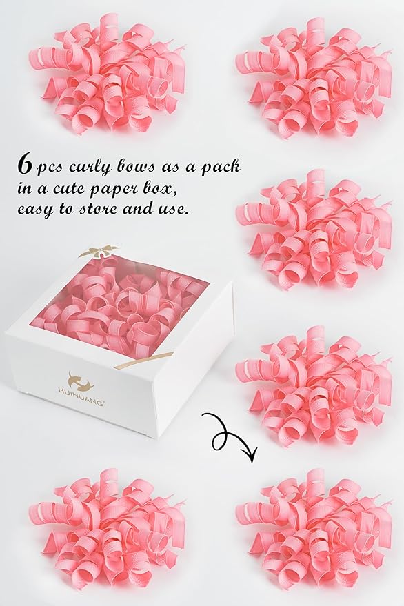 HUIHUANG Pink Bows for Gift Wrapping, Pink Curly Ribbon Bows Self Adhesive Burst Gift Bow for Presents, Wine Bottle, Treat Bags, Wrap Accessories, Bridal Shower Wedding Party Favor - 6 Counts