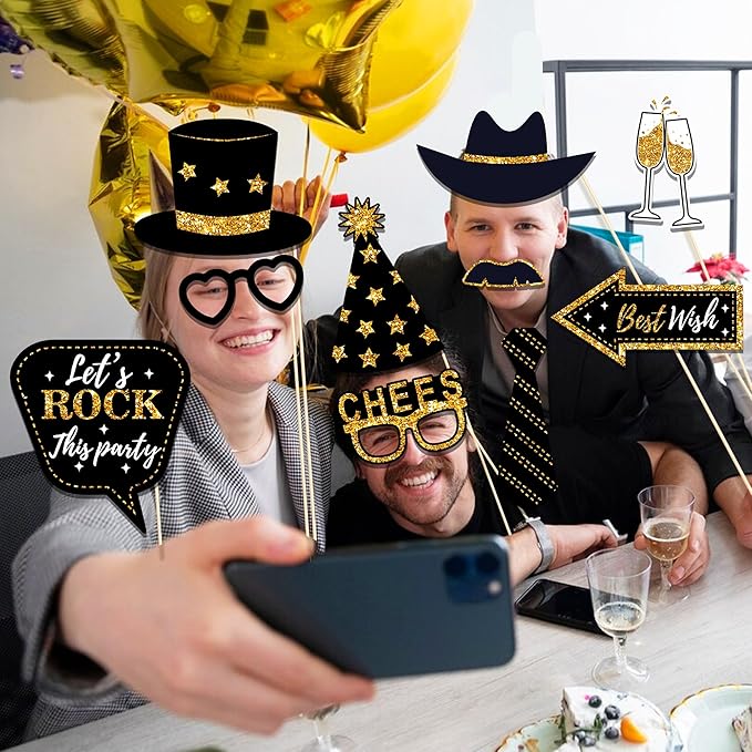 36 PCS Birthday Photo Booth Props Party Supplies Holiday Picture Decorations Photo Booth Props for Birthday Party Favors Pose Sign Kit Fun for Party (Black and Gold)