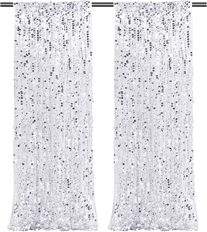 Silver Sequin Backdrop Curtains 2 Panels 4FTx8FT Big Payette Glitter Backdrop Baby Shower Photography Backdrop Background