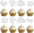 30Pcs Happy 60th Birthday Cupcake Toppers Silver Glitter Sixty Cake Toppers Cheers to 60 Years Old Birthday Cupcake Picks for 60th Birthday Anniversary Party Cake Decorations Supplies