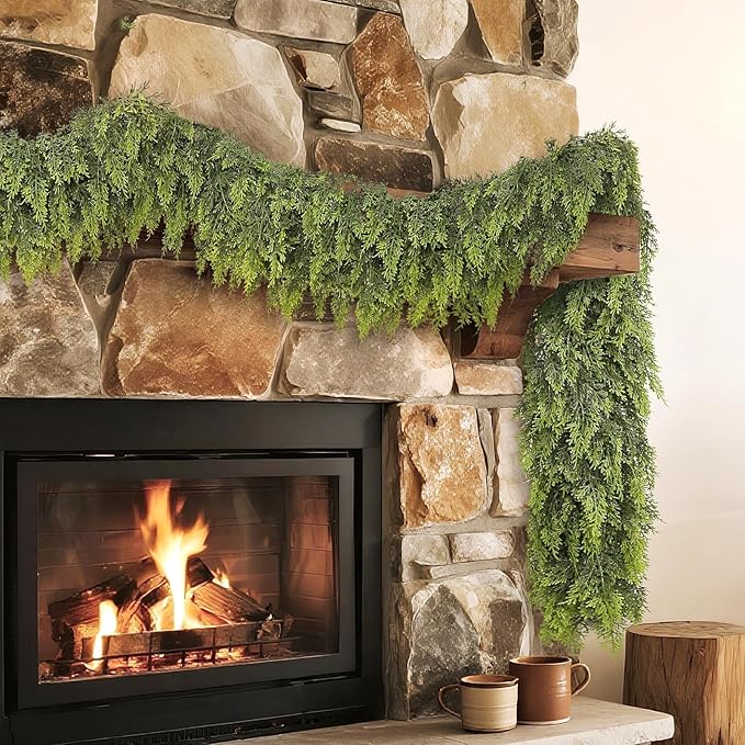 Real Touch Cedar Garland - Artificial Christmas Garlands Faux Green Cedar Fake Pine Needles Garland for Fireplace,Table, Stairs, Mantle, Window,Indoor Outdoor,Home,Holiday Decor(1 PCS,16 FT)