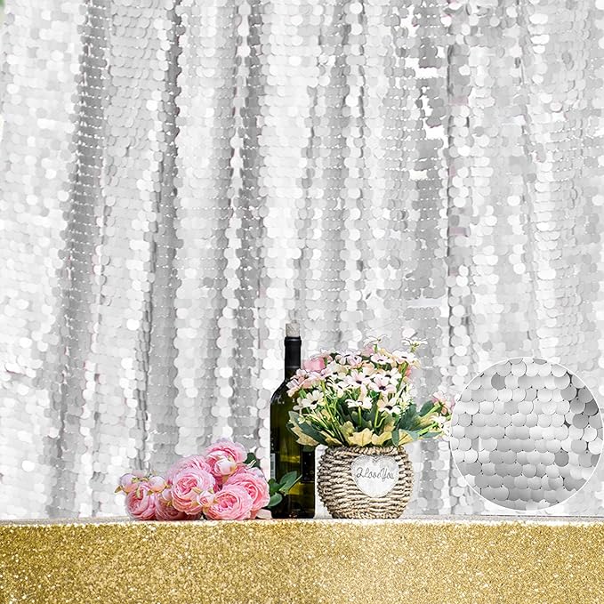 JYFLZQ Silver Payette Sequin Backdrop Curtains 8ft x 8ft 1 Panel Shimmer Wall Backdrop Big Sequin Background Thick Glitter Photo Booth Backdrops for Birthday Christmas Wedding Parties