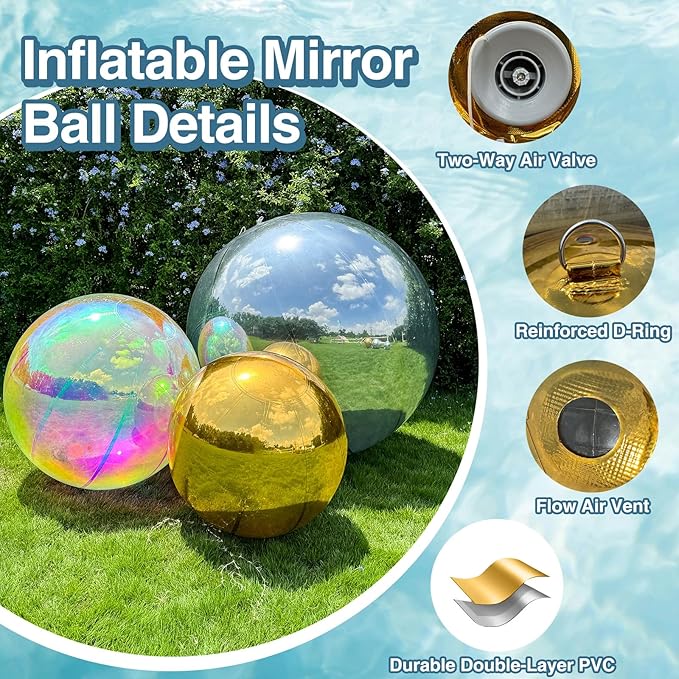 2PCS 39.4in Silver Inflatable Mirror Ball, Big Shinny Balls Reusable Large PVC Disco Ball Balloon for Large Event Decoration, Party, Concerts, Stage, Wedding Decor, Without Air Pump