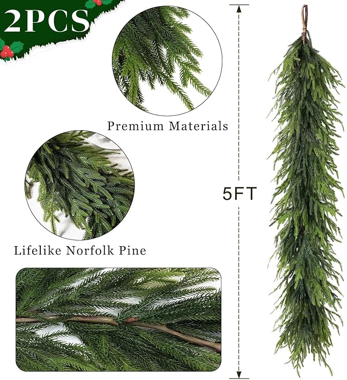 5FT Christmas Artificial Norfolk Pine Garland for Fireplace - Realistic Faux Greenery Fake Garland for Holiday,Table, Window,Mantel,Stairs, Home,Indoor Outdoor Decor (2PCS)