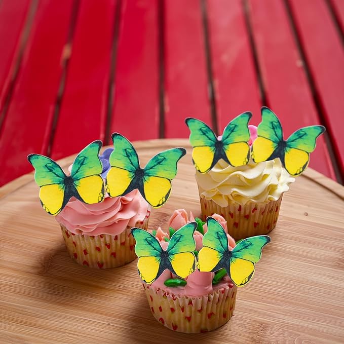 Ephlyn 48Pcs Edible 3D Cute Butterfly Cupcake Toppers for Baby Shower, Bridal Shower, Boys Girls Birthday Party Cake Decorations Supplies - Yellow, Green