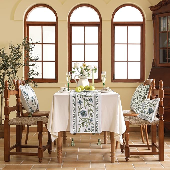 ISAENNE Designer Elegant Linen Extra Long Table Runner 118 Inches,Vintage Blue Floral Pattern Decor Table Runners for Dining Tables,Kitchen Tables,Thanksgiving,Christmas,12"*118"-Mosella E