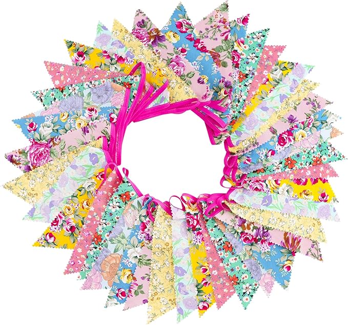jijAcraft 39Ft Triangle Bunting Banner, 42Pcs Tea Floral Party Bunting Cotton Fabric Flags Pennant Garlands for Birthday Party, Wedding, Baby Shower, Outdoor and Home Decorations (Floral)