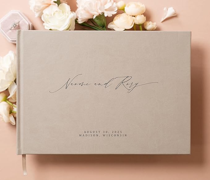 MUUJEE Personalized Guestbook in Taupe - Premium Custom Modern Guest Book for Wedding Reception, Birthday Party or Events w/Bookmark Blank Pages for Signing 11.5 x 8.5 inches