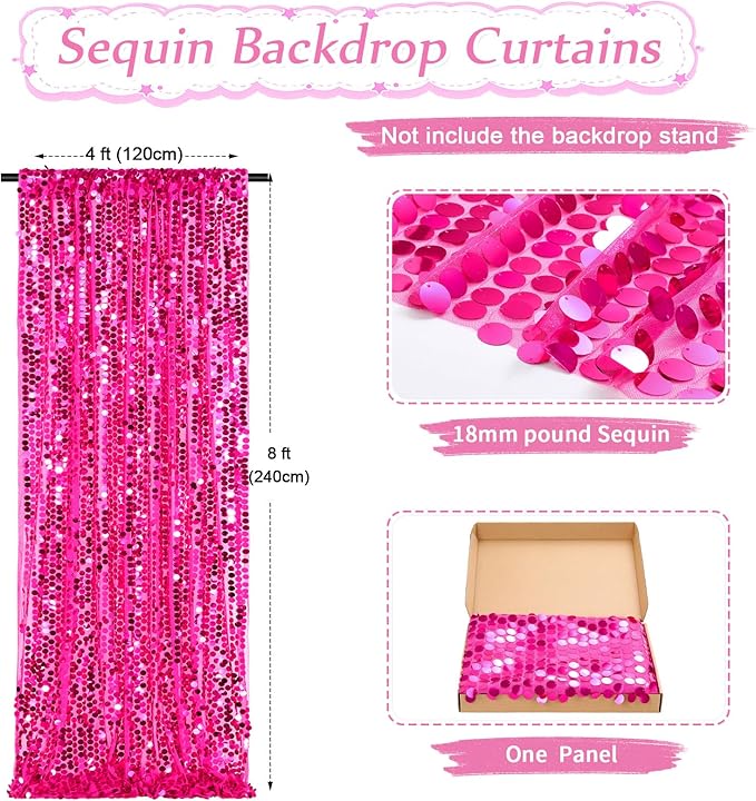 Big Payette Sequin Backdrop 4ftx8ft Hot Pink Sparkly Glitter Curtains for Birthday Parties Background Decorations