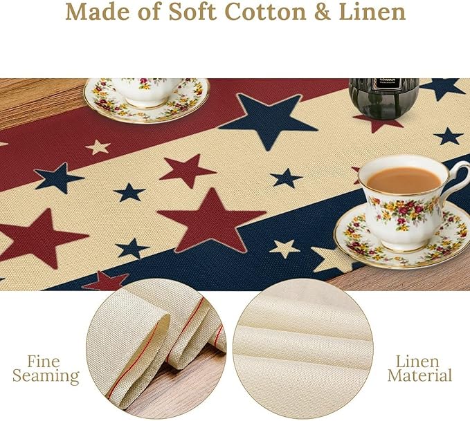 Memorial Day Table Runner, 4th of July American Patriotic Independence Day Stars Stripes Print Table Runne for Summer Holiday USA Home Decoration Party,13x70inch