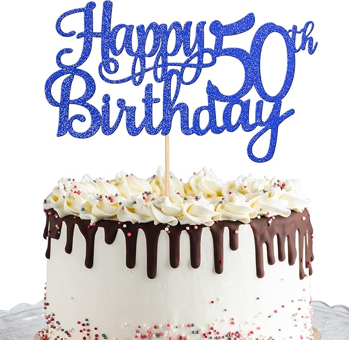 1 PCS Happy 50th Birthday Cake Topper Glitter Cheers to 50 Years Birthday Cake Pick 50 Fabulous Cake Decoration for Happy 50th Birthday Anniversary Party Decorations Supplies Blue
