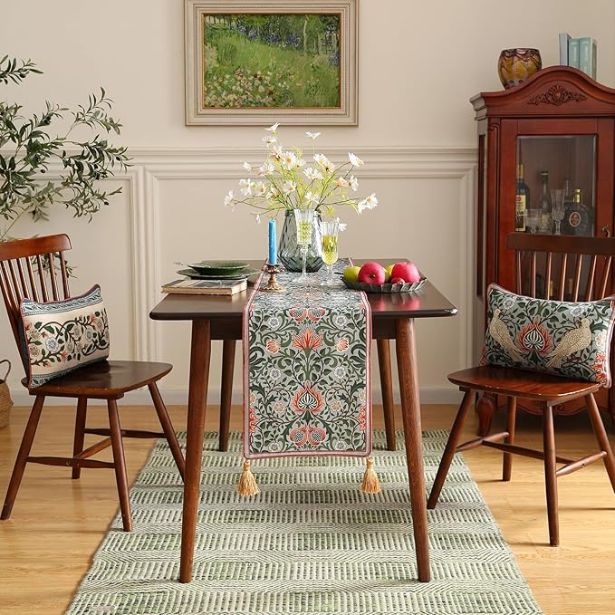 ISAENNE Designer French Green Elegant Linen Table Runner 87 Inches Long,Colorful Flower Pattern Soft Table Runners for Dining Tables,Thanksgiving,Kitchen Tables,Christmas,12"*87"-Naples B