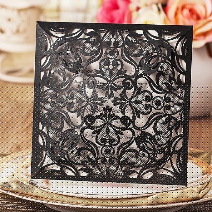 Hosmsua 6.3 x 6.3 Inch 50PCS Black Laser Cut Hollow Lace Rose Invitation Cards with Envelopes Wedding Invitations for Engagement Wedding Invite (Black, 50PCS Blank)