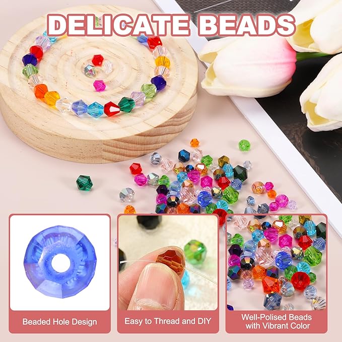 PATIKIL 1000pcs 4mm Bicone Glass Crystal Beads, Faceted Glass Spacer Beads with Box for Jewelry Making Bracelet Necklace Earrings DIY Suncatcher Craft, Blue AB