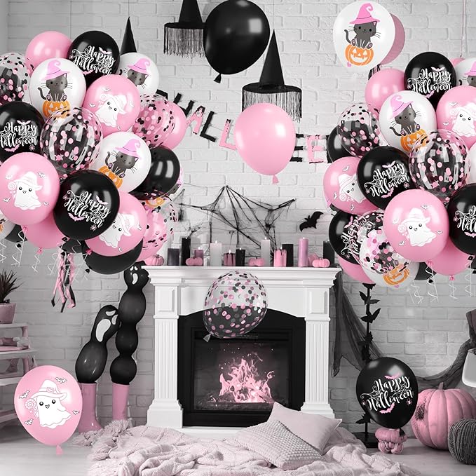 Halloween Balloons, 52 PCS Pink Black Halloween Balloons with Pumpkin Cat, Ghost Printed Balloon, Pink Black Confetti Latex Balloon for Ghost Party Decorations