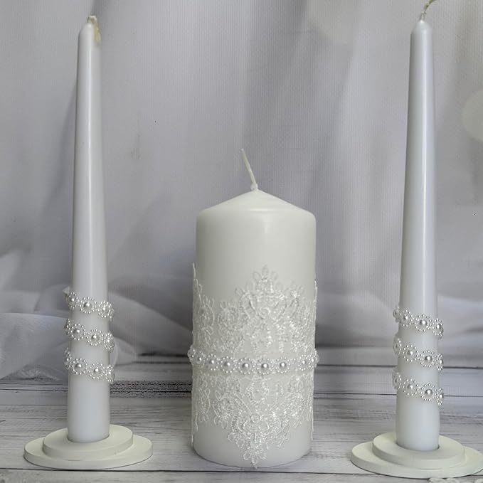 Unity Candle Set - Wedding Ceremony & Reception – 6” Pillar & Two 10” Taper Candles – Long Burning Unity Candles for Marriage Ritual – Handmade in USA – White | Lace