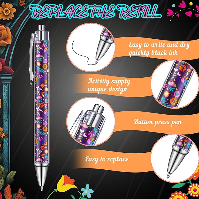 24 Pcs Day of the Dead Gifts Pens Dia De Muertos Party Favors Skull Ballpoint Pen Halloween Party Decoration Dia De Muertos Gifts for College Office Business Men Women Retired Supply