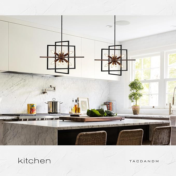 8-Light Wood Grain and Vintage Black Sputnik Chandelier, 18.9'' Industrial Pendant Lighting Fixture for Dining Room