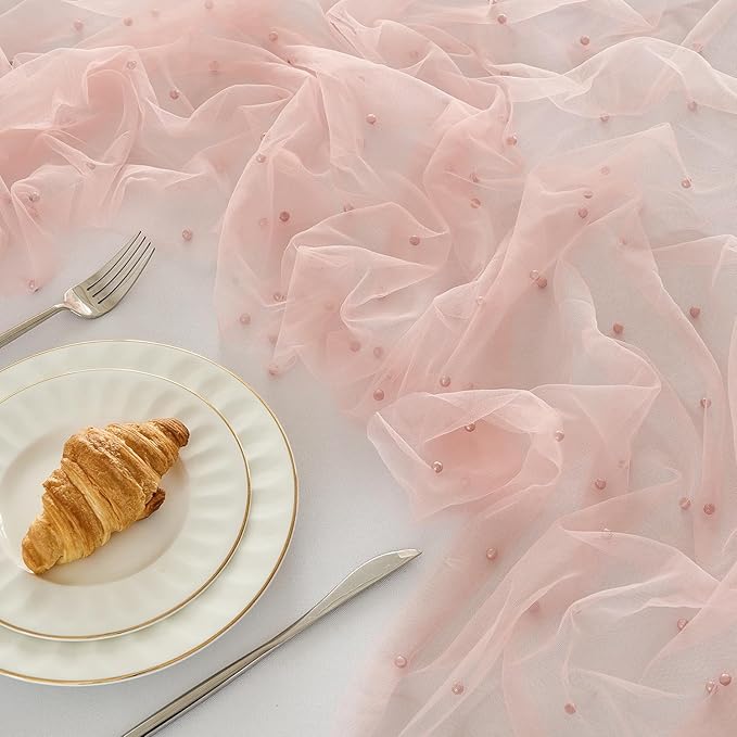 Fanami 3 Pack Pearl Table Runner -10FT Dusty Pink Boho Tulle Table Runners 120 Inches Long Rustic Sheer Lace Fabric Centerpieces for Wedding Arch Birthday Party Bridal Veil Baby Shower Decorations