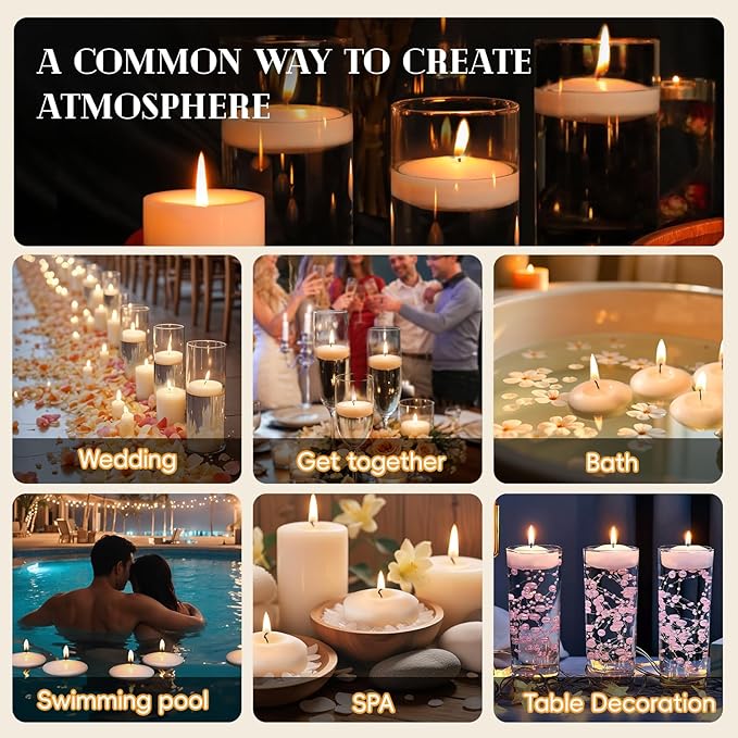 3 inch White Floating Candles, 60 Pack Unscented 3” Floating Candles for Centerpieces,8-9 Hours Water Activated Candle Bulk for Cylinder Vases Wedding Pool