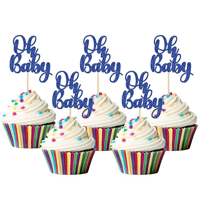 Gyufise 36Pcs Oh Baby Cupcake Toppers Glitter Baby Shower Oh Baby Cupcake Picks for Gender Reveal Baby Shower Kids Boys Girls Birthday Party Cake Decorations Supplies Dark Blue