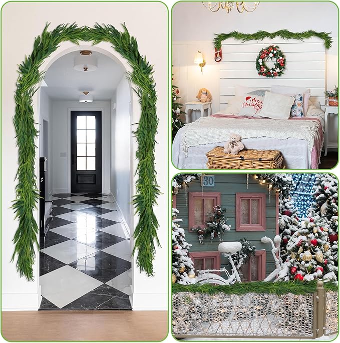 2 Pcs Christmas Decorations Artificial Norfolk Pine Garlands, 6 FT Dense Real Touch Winter Pine Garland Ornament, Green Greenery Garland for Table, Mantle, Wall, Indoor, Outdoor Christmas Decor