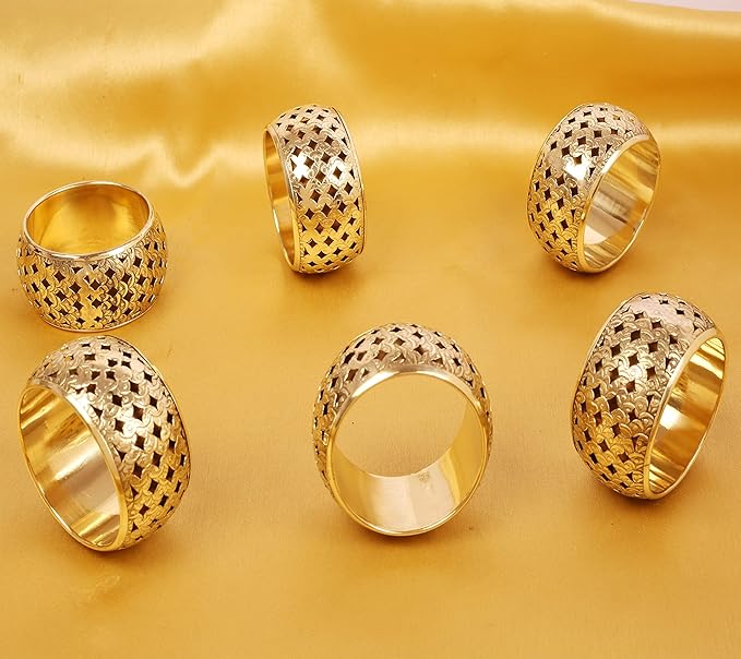 Brass Base Handcrafted Beautiful Hand Cut Mesh Work Large Size Party Dining Table Napkin Holders in Gold Tone. (Set of 6).