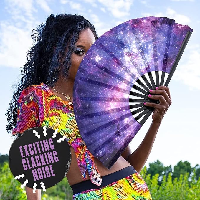 GloFX Folding Fan - Galaxy - Large Rave Clack Folding Hand Fan for Men/Women - for EDM, Music Festival, Club, Event, Party, Dance, Performance, Decoration, Gift