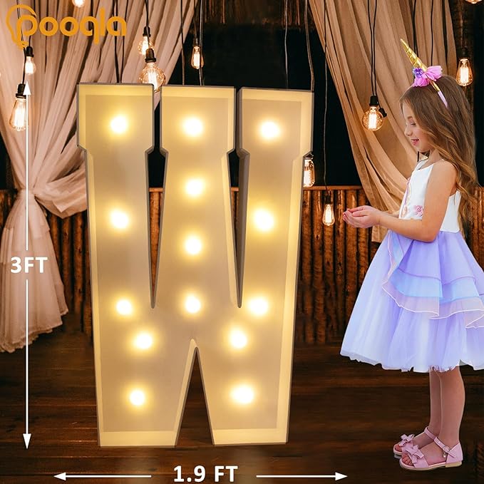 Pooqla 3FT Marquee Light Up Letters, Giant LED Sign Big Mosaic Marquee Letters 3 Feet for Balloons Birthday Anniversary Wedding Party Decoration, Cool White and Warm White Letter W