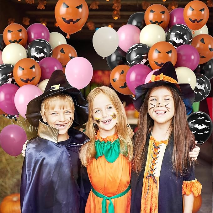 Halloween Party Balloons, Black Hot Pink Orange Balloons, Retro Peach Red Pastel Pink Balloon Black Bat Orange Pumpkin Printed Balloon for Halloween Birthday Baby Shower Home Garden Party Decoration
