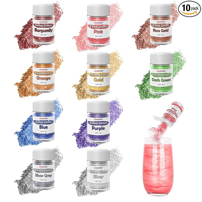 Edible Glitter for Cocktails, 10 Colors Easter Decorations Luster Dust Edible, Food Grade Shimmer Dust, Edible Glitter Powder for Drinks, Easter Eggs, Candy, Baking, Strawberries, Cupcakes, Cookies