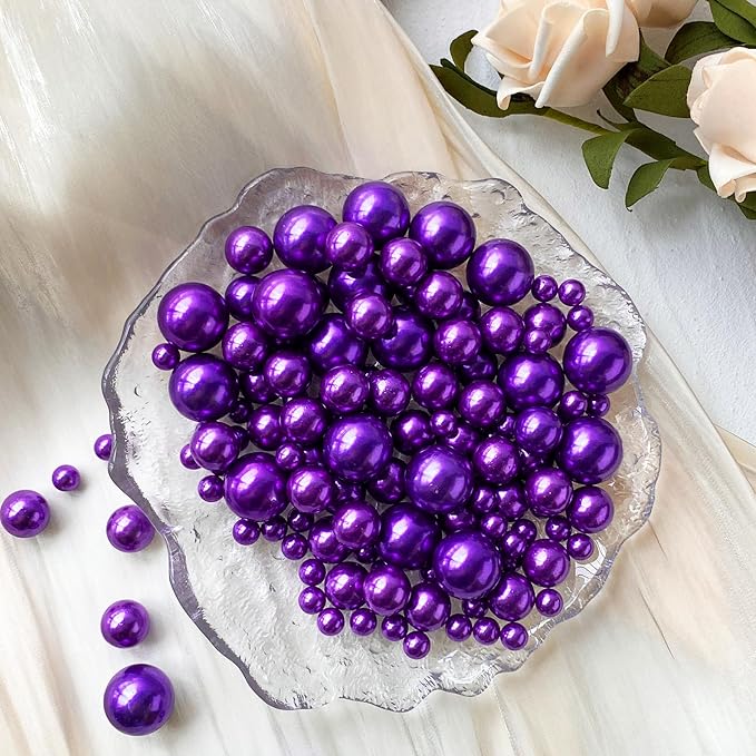 180PCS Purple Beads for Centerpieces Vases, No Hole Polished Pearl Makeup Beads Mixed 8/14/20mm Sizes, Pearl Vase Fillers Table Scatters for Party Wedding Decor