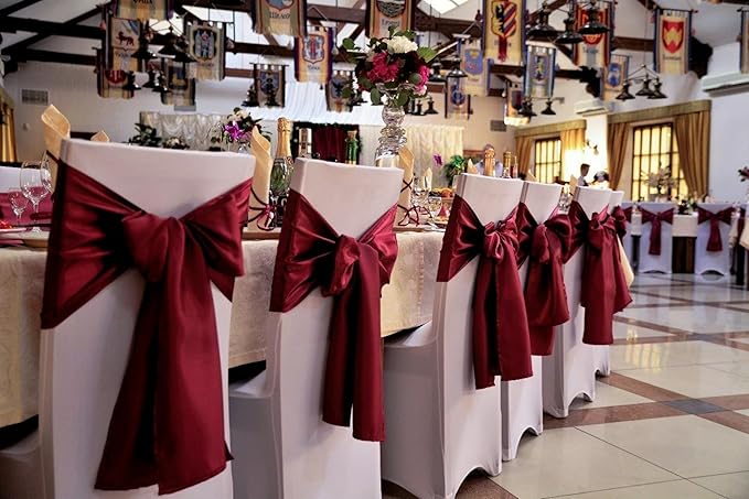 50 PCS Satin Chair Sashes Bows Decorative Universal Chair Cover Chair Ribbon Ties Back Sash for Wedding Birthday Party Ceremony Reception Hotel Events Banquet Restaurant Decor(7 x 108inch,Burgundy)
