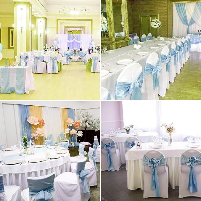 100 PCS Satin Chair Sashes Decorative Bow Chair Sashes Ties Back Ribbon Bows Chairs Cover Band for Wedding Birthday Party Ceremony Reception Events Banquet Home Kitchen Decor(7 x108 inch,Baby Blue)