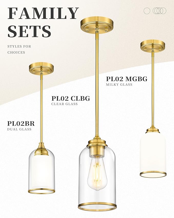 LIROUVET 2 Pack Pendant Lights, Vintage Hanging Lamp, Brushed Gold Pendant Lights Kitchen Island with Milk Glass, Pendant Lighting for Dining Room PL02 MGBG-2PK