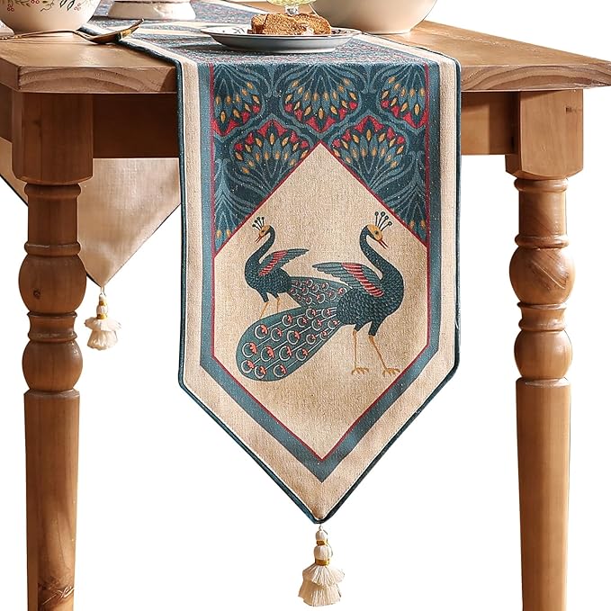 Vintage Blue Peacock Small Table Runner for Table,Decorative Linen 63 Inches Long Table Runners,Decor Tabletop for Kitchen,Dining,Tea Party,Home,Christmas,12"*63"