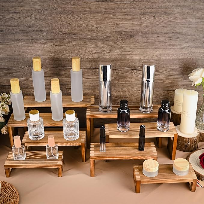8 Pcs Wood Risers Display Stands, 2 Set Wooden Risers for Table Display, 4 Tier Rectangular Riser Display Stand Wooden for Cupcake, Desserts, Perfume, Collections, Jewelry Showcase