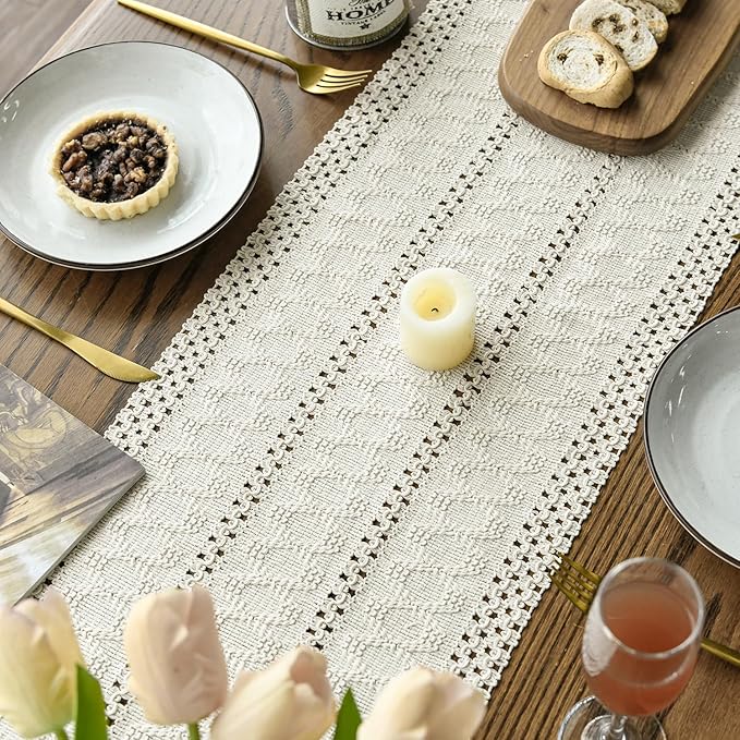 Artoid Mode Beige Farmhouse Woven Rustic Hollow Table Runner, Seasonal Holiday Kitchen Dining Table Decoration for Home Party Decor 12x36 Inch